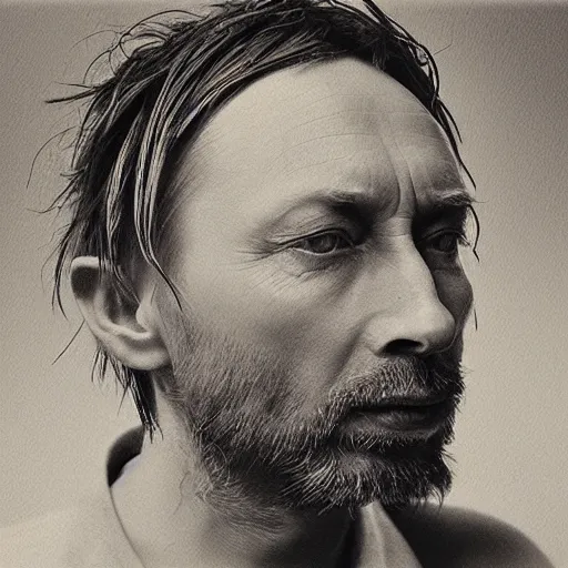 Image similar to “Thom Yorke’s face in profile, short beard, made of flowers, in the style of the Dutch masters, dark and moody”