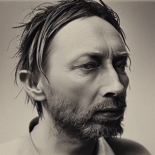 Prompt: “Thom Yorke’s face in profile, short beard, made of flowers, in the style of the Dutch masters, dark and moody”