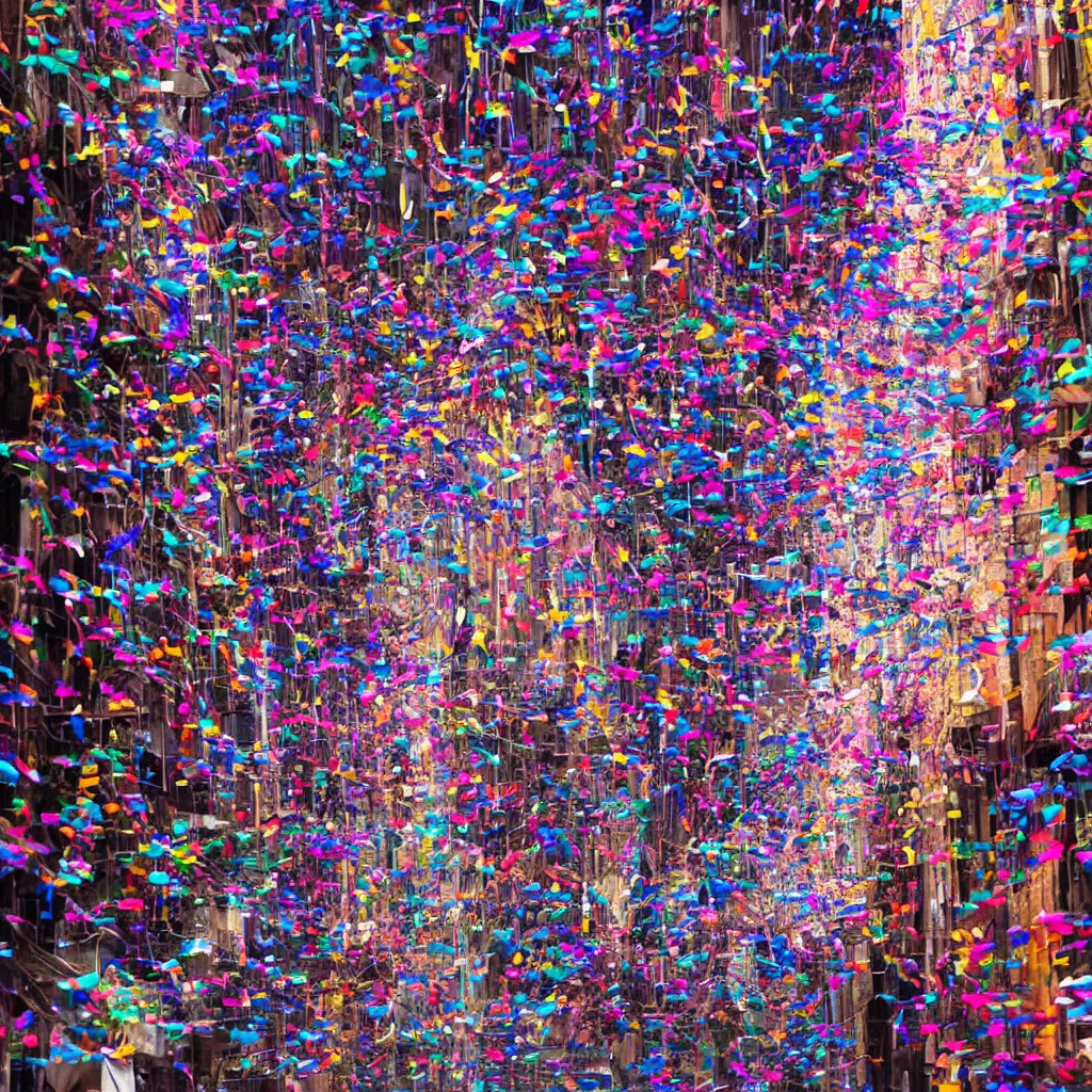 Prompt: thin streamers of multi-colored glitter floated in the narrow streets of a cyberpunk city