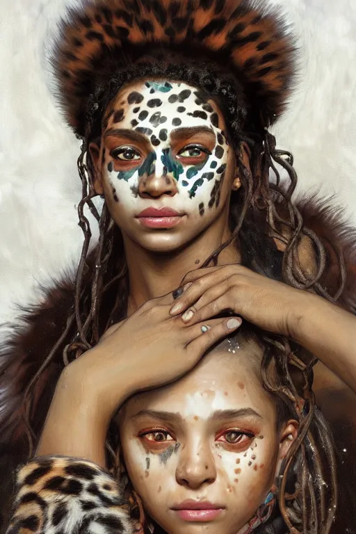 Prompt: portrait of a beautiful young aztec girl with vitiligo, covered in jaguar fur cloths, different colored eyes, curly black and brown hairs, by greg rutkowski and alphonse mucha, d & d character, gradient white to silver, highly detailed portrait, digital painting, artstation, concept art, smooth, sharp focus ilustration, artstation hq