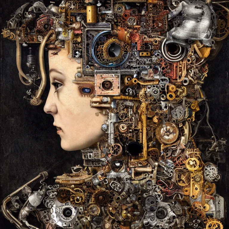 Image similar to profile portrait of a woman, computer parts, mechanical parts, by giuseppe arcimboldo, steampunk, cyberpunk, futuristic, psychedelic, surreal, sci - fi, vaporwave, alien, dreamlike.