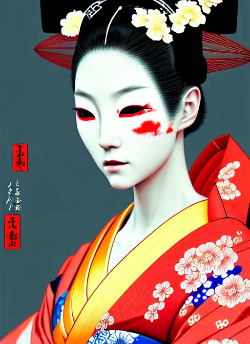 Image similar to beautiful photography of a sensual japanese geisha wearing vr eyepiece, intricate geisha kimono, robotic, android, cyborg, cyberpunk face, steampunk, fantasy, intricate, elegant, highly detailed, colorful, vivid color, digital photography, cool warm lighting, artstation, concept art, art by artgerm and greg rutkowski and ruan jia,