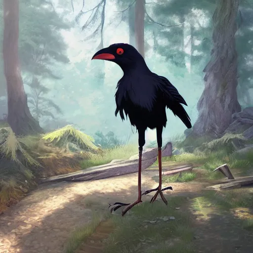 Image similar to concept art painting of an anthropomorphic humanoid crow, in the deep forest, realistic, detailed, cel shaded, in the style of makoto shinkai and greg rutkowski and james gurney