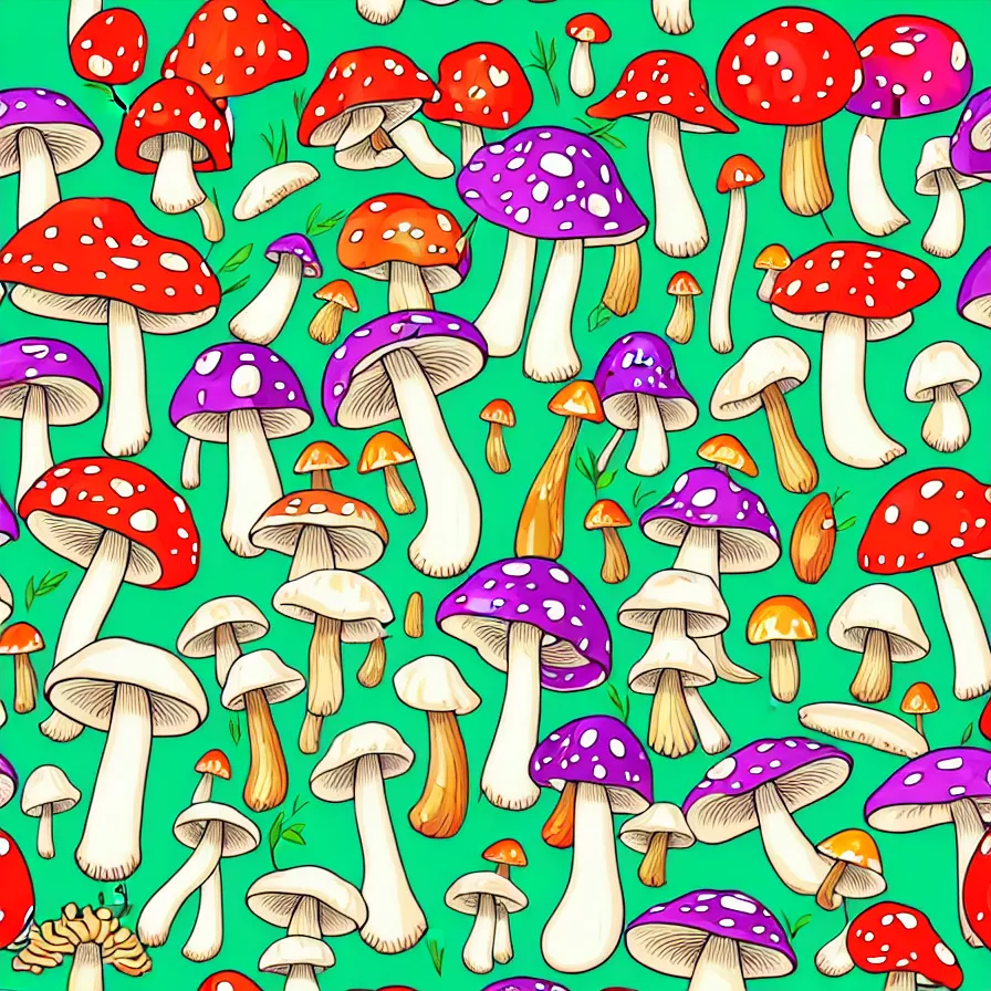 Image similar to plethora of mushroom characters and mycelium, vivid natural color hues and natural surroundings, colorful painted patterns and motifs on mushrooms, seamless fabric pattern 8K, highly detailed.