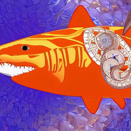 Image similar to great white shark, side view, with a silver and orange striped traffic cone construction cone on its dorsal fin, mandala background fractal background detailed - ron cheng & alphonse mucha, highly detailed, digital painting, ray tracing, concept art, illustration, smooth sharp focus, intricate, symmetry, artstation,