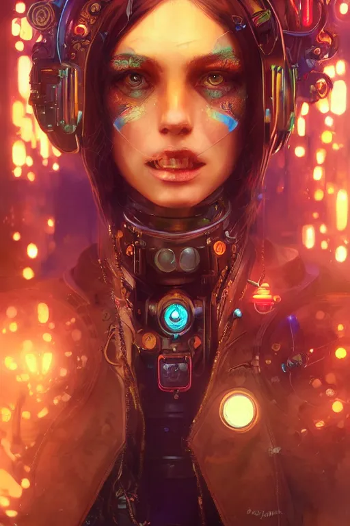 Prompt: portrait of a psychedelic steampunk girl with biotechnical parts and neon light by Artgerm and Greg Rutkowski , digital painting, highly detailed, trending on artstation