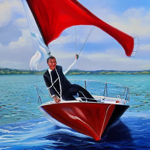 Prompt: viktor orban sailing a yacht, oil painting