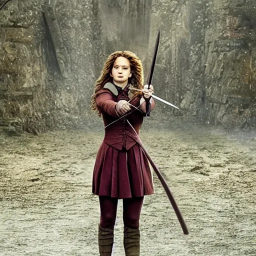 Image similar to jennifer lawrence as hermione granger with a wand in her hand before in combat