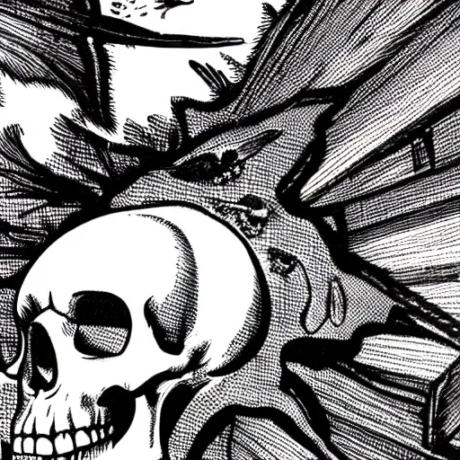 Image similar to black and white comic book illustration of a skull with birds flying out of its mouth