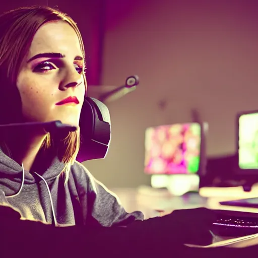 Prompt: model emma watson rgb keyboard wearing a gaming headset wearing hoodie sitting on gaming chair dramatic lighting from monitor light from gaming monitor in gaming room holding gaming controller award winning photo