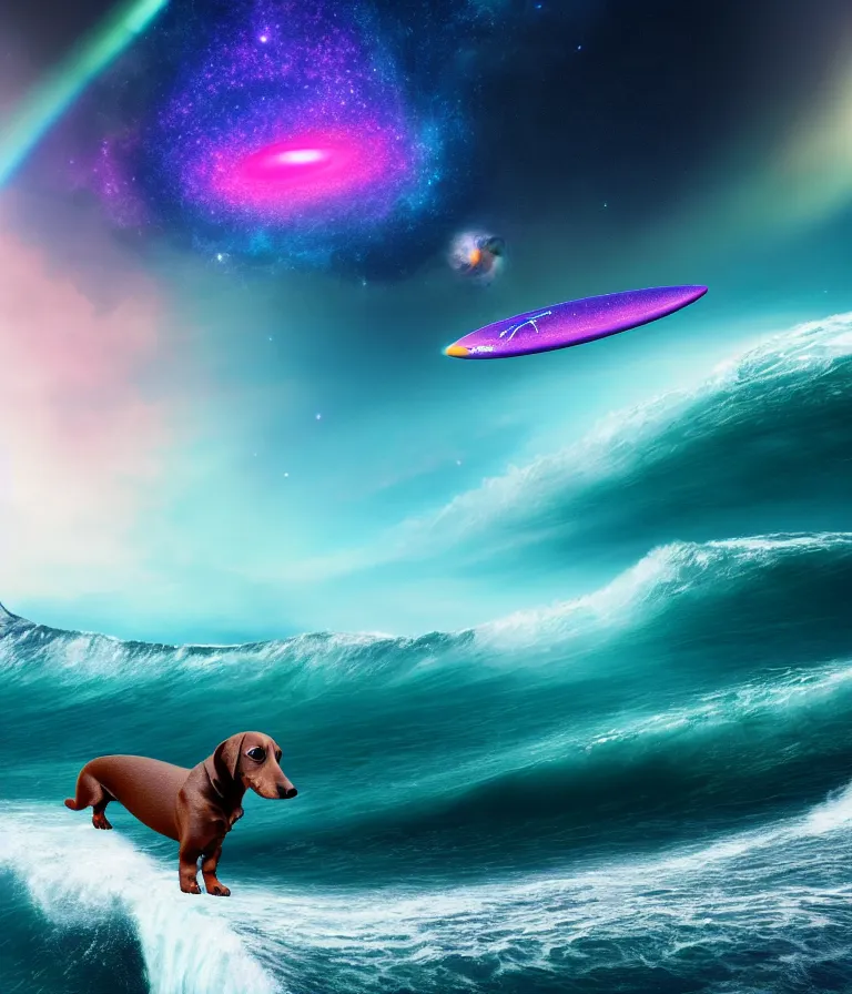 Prompt: black coat wiener dog surfing a surfboard on a crashing l wave of alien ocean in space, background is an alien galaxy, aliens in the background, alien colors, octane render, unreal engine, wide view, 8 k, high detaild