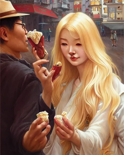 Image similar to Portrait of a  blonde lady and a Chinese man eating ice creams in Porto,real life skin, intricate, elegant, highly detailed, artstation, concept art, smooth, sharp focus, art by artgerm and greg rutkowski and alphonse mucha