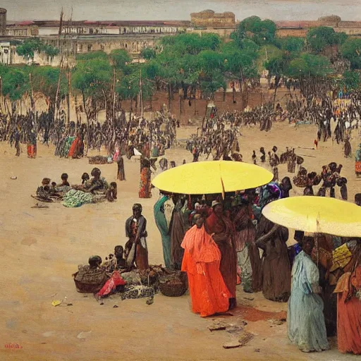 Prompt: dahomey officials holding flat colorful umbrellas in ahomey's huge main square, from above, 1905, highly detailed, oil on canvas, by ilya repin