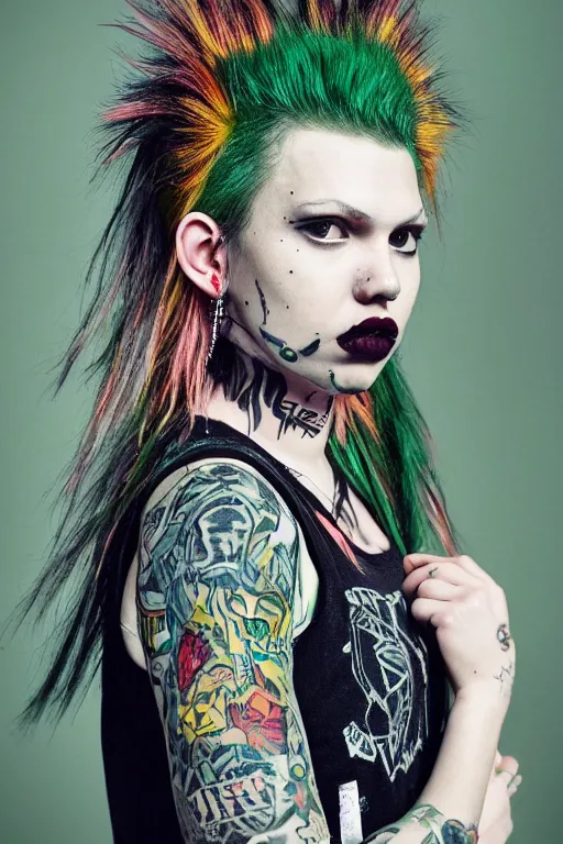 Image similar to upper body portrait hannah murray as a punk woman with green mohawk, covered in neotraditional style tattoos, septum ring, piercings, wearing a bold tee shirt, flannel jacket, fishnets and a long tartan skirt, intimidating, max details, hyperrealistic, photorealistic, ultra - realistic, ultra - detailed, cinematic, 8 k resolution by alan lee