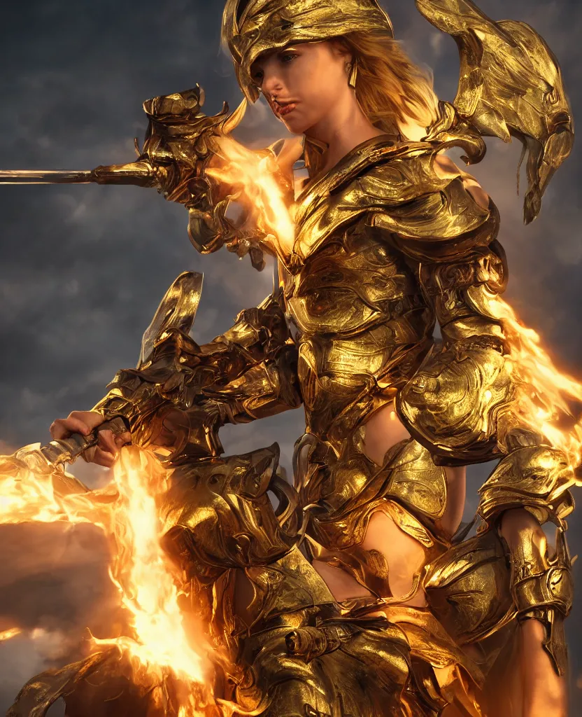 Image similar to Profile shot of a fiercely beautiful woman in golden angelic battle armor wielding a flaming sword, cinematic, epic, 4k, stylized, realism