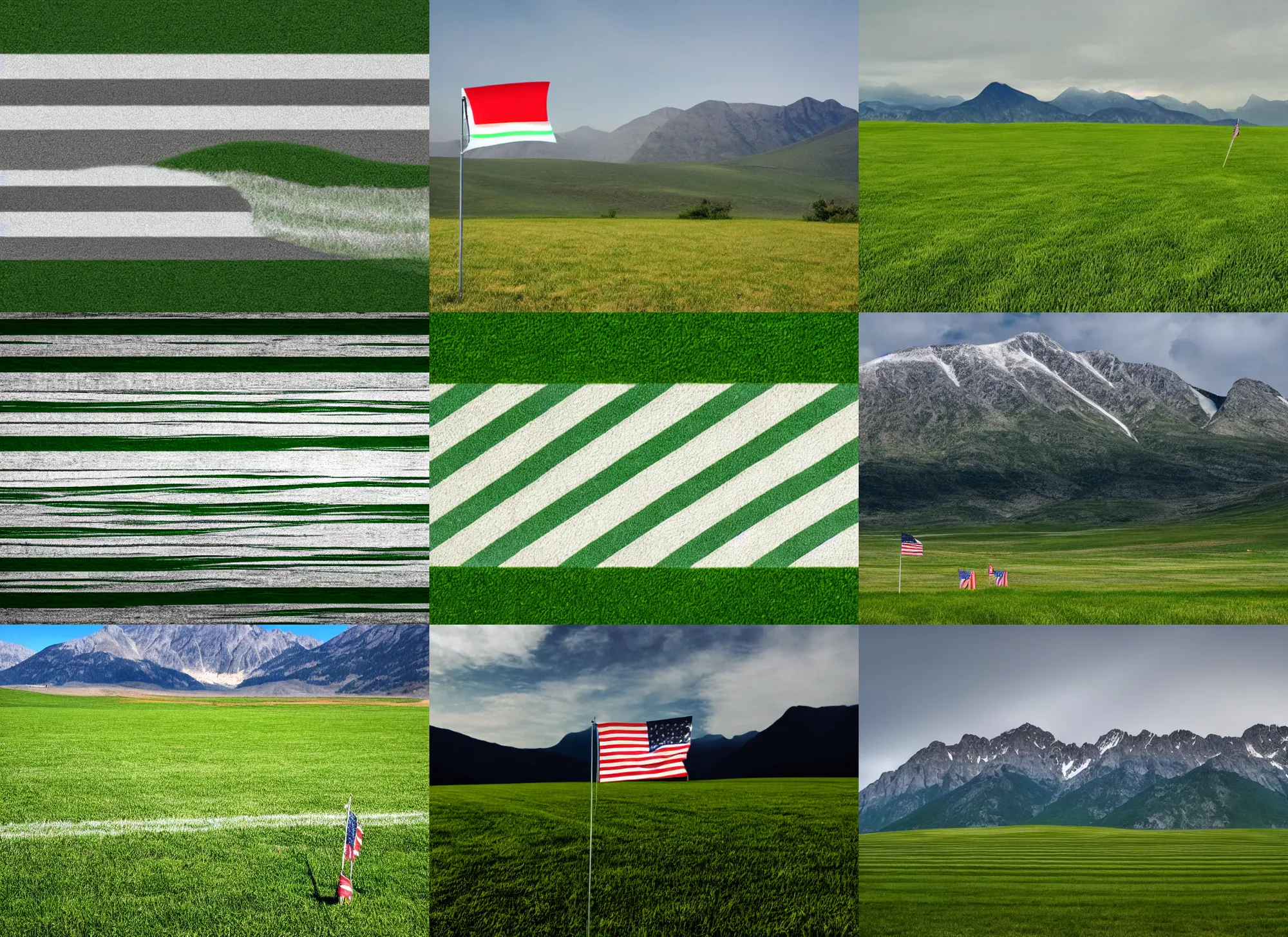 Prompt: flag with 3 gray mountains stripes on a green field, r / vexilology
