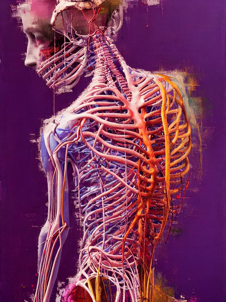 Image similar to a beautiful glitched painting by robert proch of an anatomy study of the human nervous system, color bleeding, pixel sorting, copper oxide and rust materials, brushstrokes by jeremy mann, cold top lighting, pastel purple background