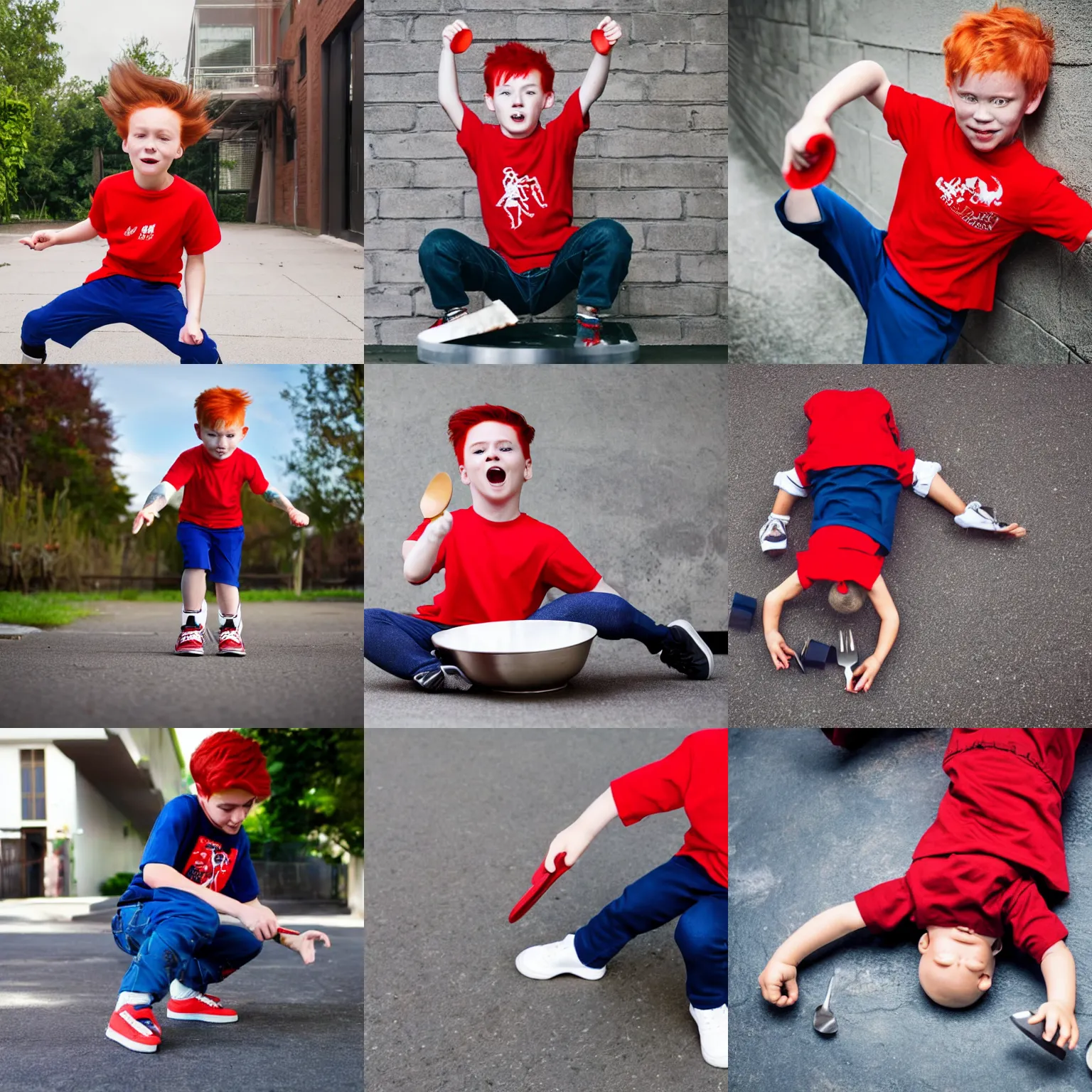 Prompt: A boy with red hair wearing a red T-shirt, dark blue pants and white shoes. The boy is breakdancing with big plates and cutlery