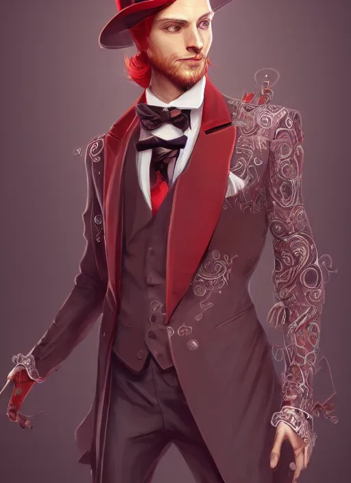 Prompt: a highly detailed illustration of stylish top hat wearing red haired attractive man, wearing suit vest, flashy leaning back pose, intricate, elegant, highly detailed, centered, digital painting, artstation, concept art, smooth, sharp focus, league of legends concept art, WLOP