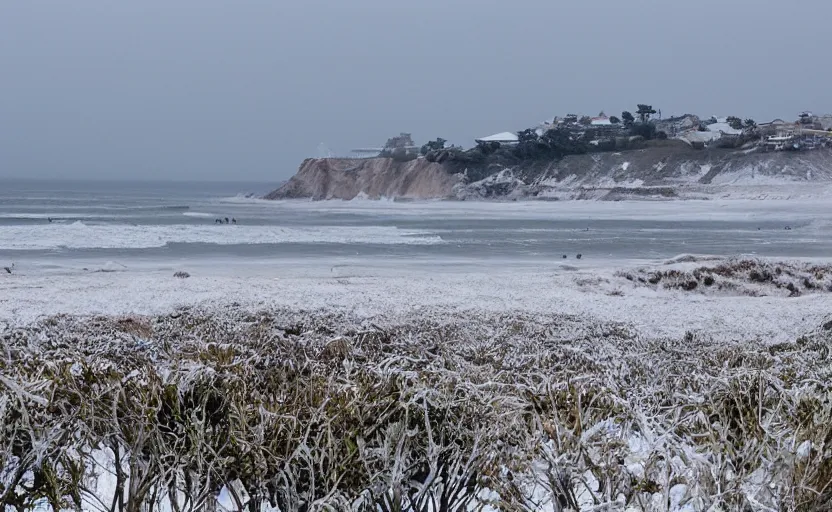 Prompt: snow at pismo beach