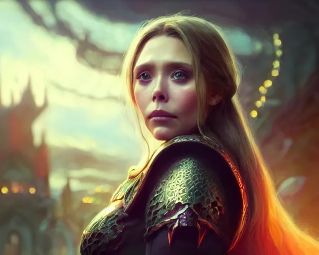 Image similar to a gaming screenshot still portrait of elizabeth olsen in final fantasy, deep focus, d & d, fantasy, intricate, elegant, highly detailed, digital painting, artstation, concept art, matte, sharp focus, illustration, dark fantasy style art, hearthstone, art by artgerm and greg rutkowski and alphonse mucha