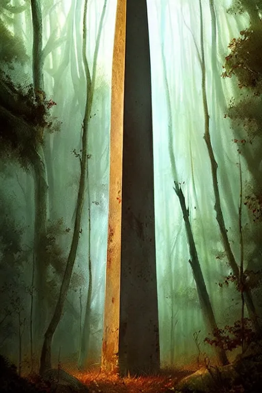 Image similar to greg rutkowski poster. ancient obelisk in the woods