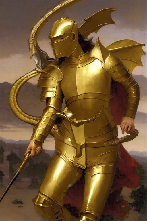 Image similar to a knight in gold armor battling a dragon style of William Adolphe Bouguereau