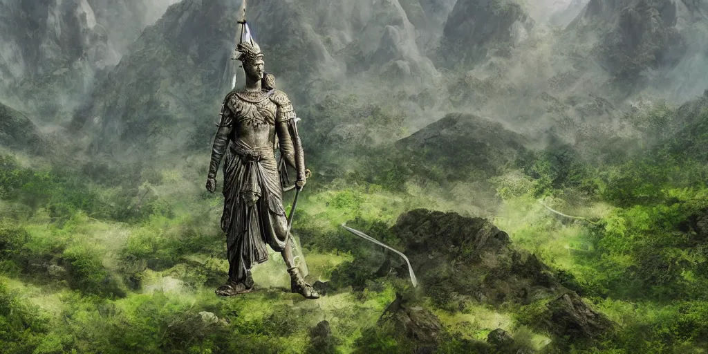 Image similar to A giant marble statue of a warrior in the middle of a green valley between the mountains, detailed digital matte painting