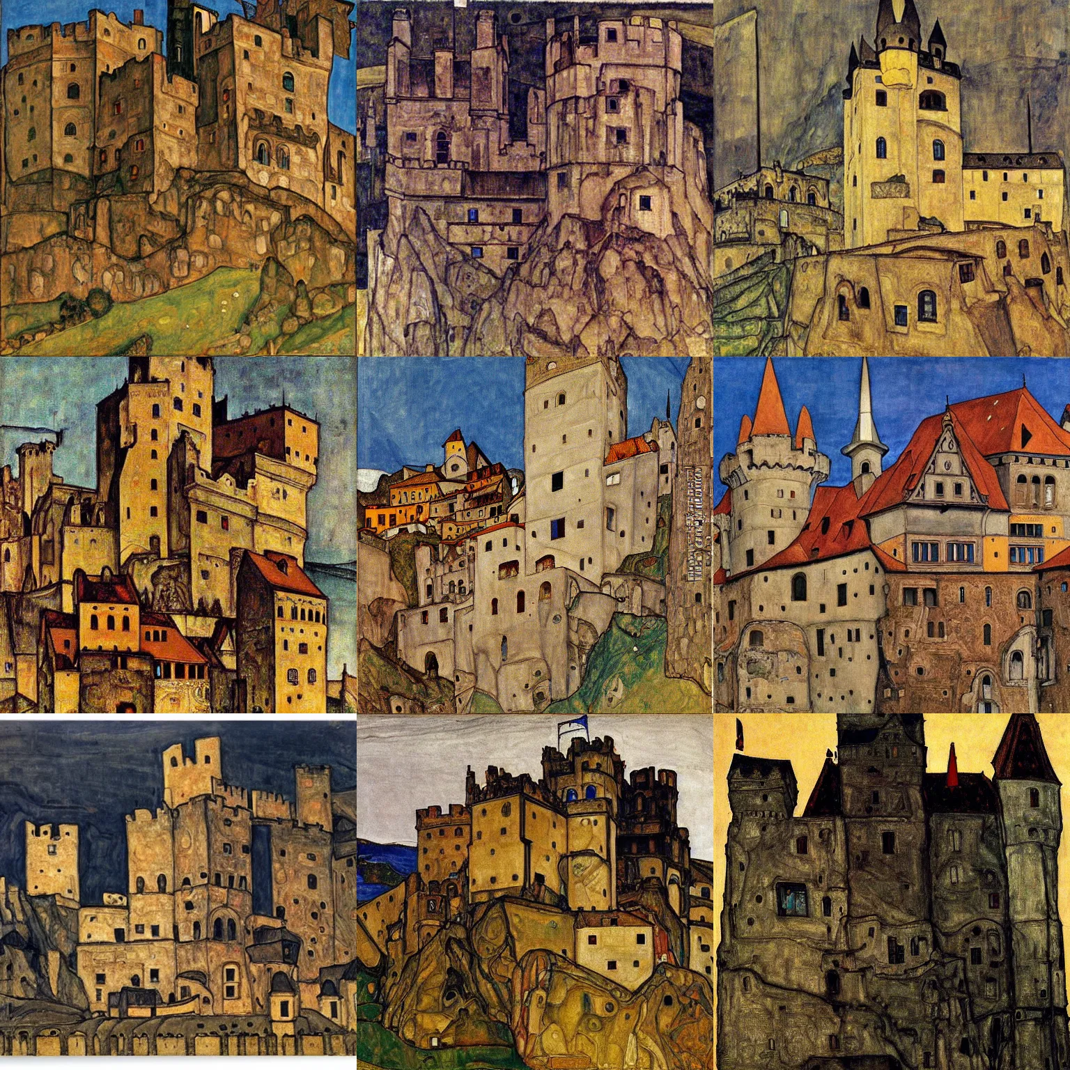 Prompt: medieval castle, by egon schiele