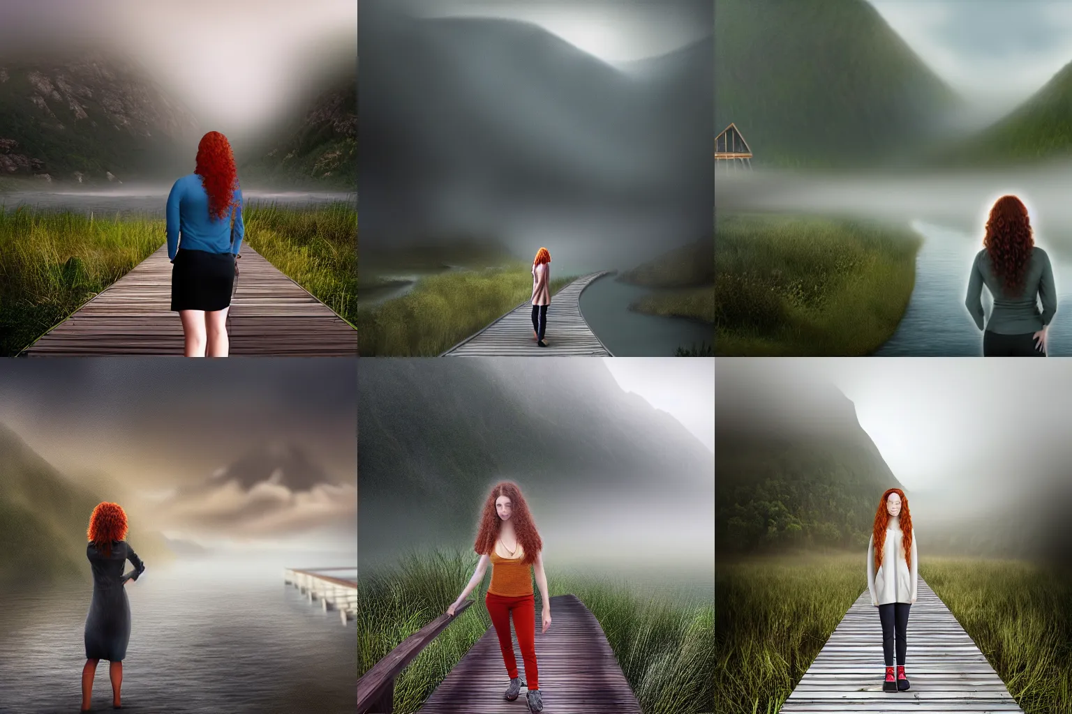 Prompt: a realistic digital painting of a woman with curly long redhair standing in a boardwalk besides a river looking at a ((dragon)) in the mountains that is covered by a fog in a thunderous weather