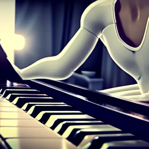 Image similar to a cyborg playing the piano in a futuristic apartment, award winning art, 4k, highly detailed, sharp focus, cinematic lighting, smooth