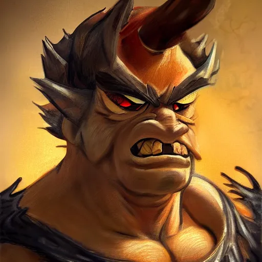 Prompt: A portrait painting of Bowser in the style of Frank Frazetta, 4k, Highly Detailed, Dark Fantasy, Epic Lighting