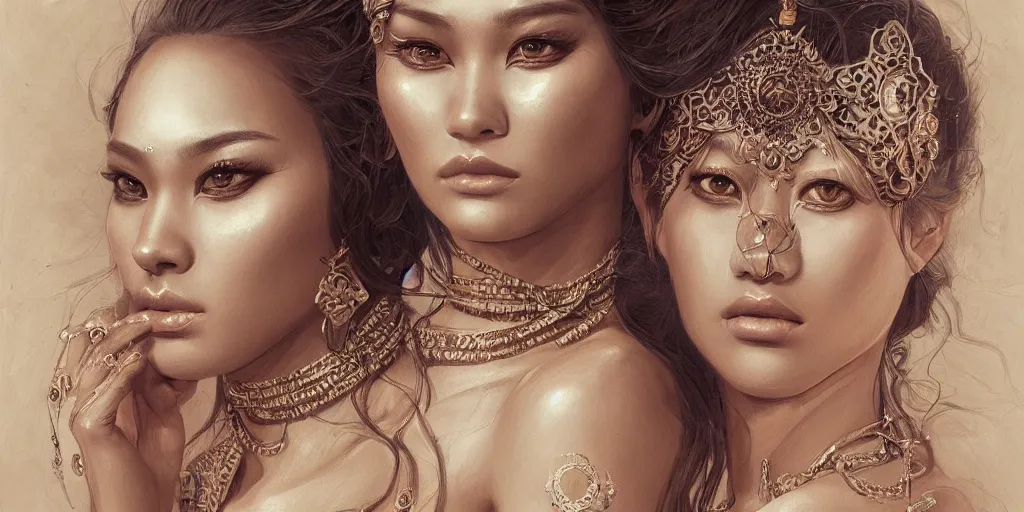 Image similar to Beautiful detailed portrait of an exotic goddess by Nick Silva, Shin JeongHo, Wandah Kurniawan, Symmetrical composition with people centered, realistic proportions, trending on artstation