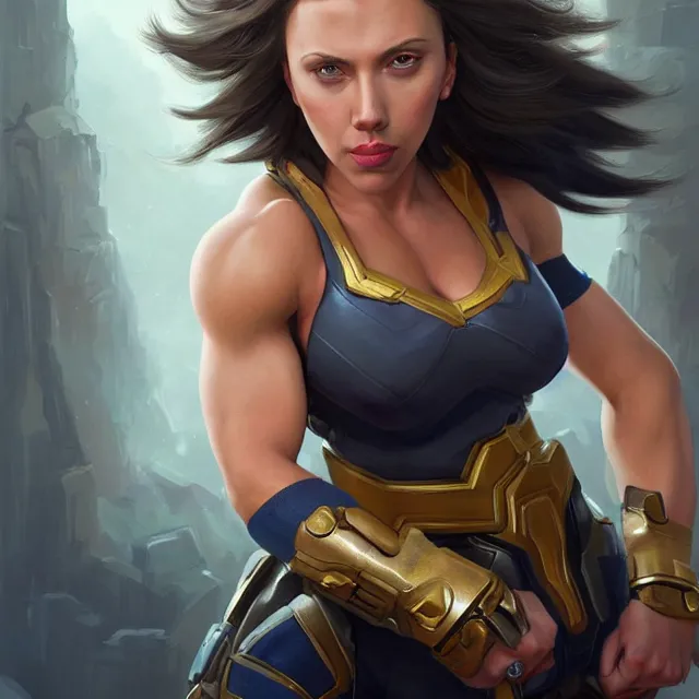 Image similar to detailed portrait of scarlett johansson as a female bodybuilder pharah from overwatch, attractive, beautiful, fantasy, intricate, elegant, highly detailed, digital painting, artstation, concept art, matte, sharp focus, illustration, art by aenaluck, artgerm and roberto ferri and greg rutkowski, epic fantasy, digital painting