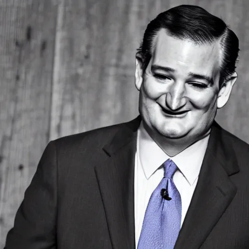 Image similar to Ted Cruz with a wide grin looking up directly at the camera, black and white, creepy lighting, scary, horror, ornate, eerie, fear