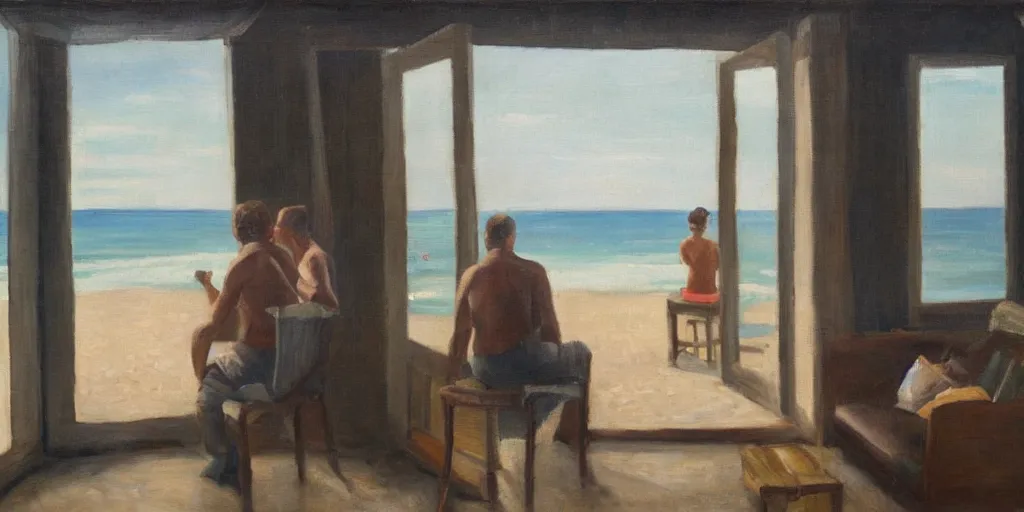 Image similar to a beautiful painting of a man watching the beach view with his wife in their house, oil on canvas