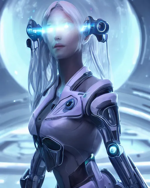 Image similar to perfect android girl on a mothership, warframe armor, beautiful face, scifi, futuristic, galaxy, nebula, raytracing, dreamy, long white hair, blue cyborg eyes, sharp focus, cinematic lighting, highly detailed, artstation, divine, by gauthier leblanc, kazuya takahashi, huifeng huang