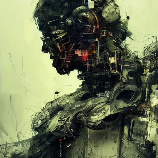 Image similar to cybernetic hunter, cyberpunk, wires, skulls, machines by emil melmoth zdzislaw belsinki craig mullins yoji shinkawa realistic render ominous detailed photo atmospheric by jeremy mann and agnes cecile ink drips paint smears digital glitches glitchart