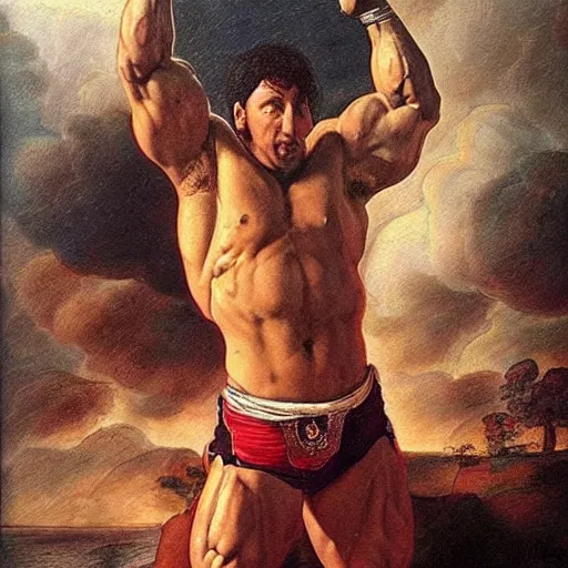 Prompt: adam sandler as the most muscular athlete in the world posing and flexing his arms, dnd card art, fantasy comics, pen drawing, hyper detailed, extremely complex, hyper realistic, intricate classic art, masterful, great works of the masters, art by rembrandt and leonardo da vinci