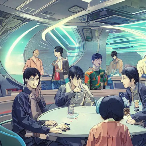 Image similar to a group of people sitting next to each other in a room, concept art by otomo katsuhiro, behance contest winner, retrofuturism, toonami, redshift, official art