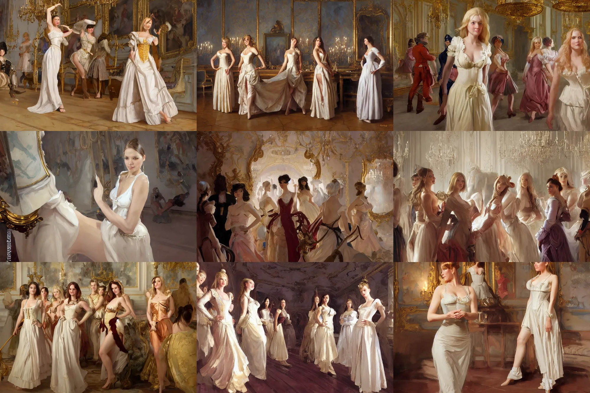 Prompt: five of beautiful finnish norwegian swedish scandinavian attractive glamour models wearing 1 7 th century bodice with low neckline walking in hall of mirrors in palace of versailles, jodhpurs greg manchess painting by sargent and leyendecker, studio ghibli fantasy close - up shot asymmetrical intricate elegant matte painting illustration hearthstone, by greg rutkowski by greg tocchini by james gilleard