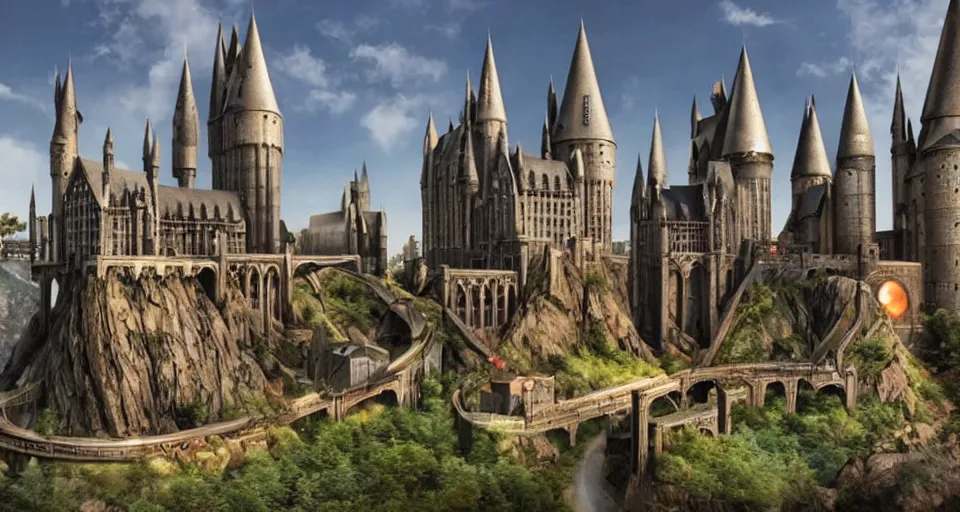 Prompt: a outside view of a futuristic version of the school of witchcraft and wizardry Hogwarts