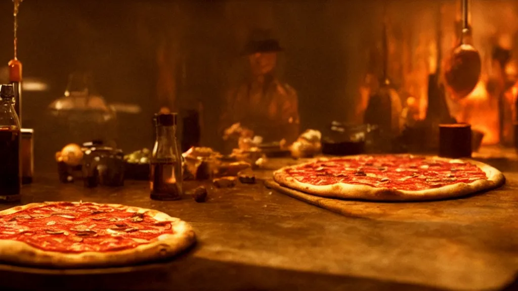 Image similar to glowing oil, on a pizza, film still from the movie directed by denis villeneuve and david cronenberg with art direction by salvador dali and dr. seuss