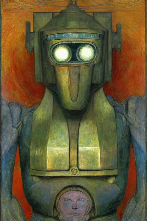 Image similar to the robot in his regalia, by Annie Swynnerton and Diego Rivera and Elihu Vedder, symbolist, dramatic lighting, elaborate geometric ornament, Art Brut, soft blues and greens,smooth, sharp focus, extremely detailed, Adolf Wölfli, octane render