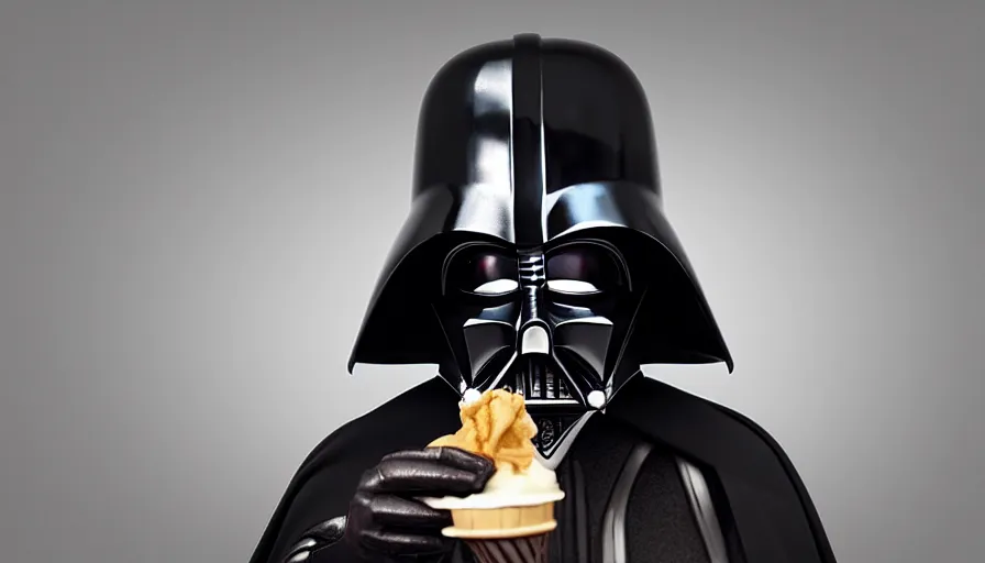 Image similar to darth vader with a birthday - hat eats icecream, photorealistic rendering, hyperdetailed, octane, redshift, atmospheric lighting, cinematic composition, wallpaper