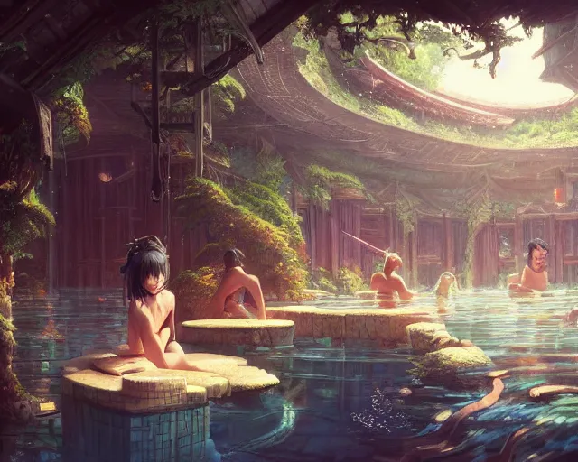 Image similar to highly detailed picture of an onsen, stephen bliss, unreal engine, fantasy art by greg rutkowski, loish, rhads, ferdinand knab, makoto shinkai and lois van baarle, ilya kuvshinov, rossdraws, tom bagshaw, global illumination, radiant light, detailed and intricate environment