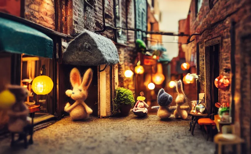 Image similar to miniature cafe diorama macro photography, cafe with felted bunnies on a date, alleyway, ambient, atmospheric, british, cozy, bokeh, romantic, colorful lanterns
