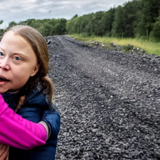 Image similar to greta thunberg hugging coal, in front of a coal fired power station