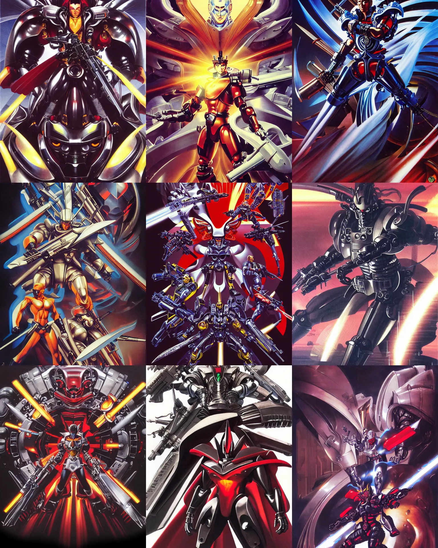 Prompt: tekkaman blade, elegent, lots of weapon, character design, portrait, close up, highly detailed, intricate detail, sharp focus, concept art, vintage sci - fi art, radiant light, caustics, by boris vallejo and yoji shinkawa and heng z and jon aaron kambeitz and artgerm and aaron beck