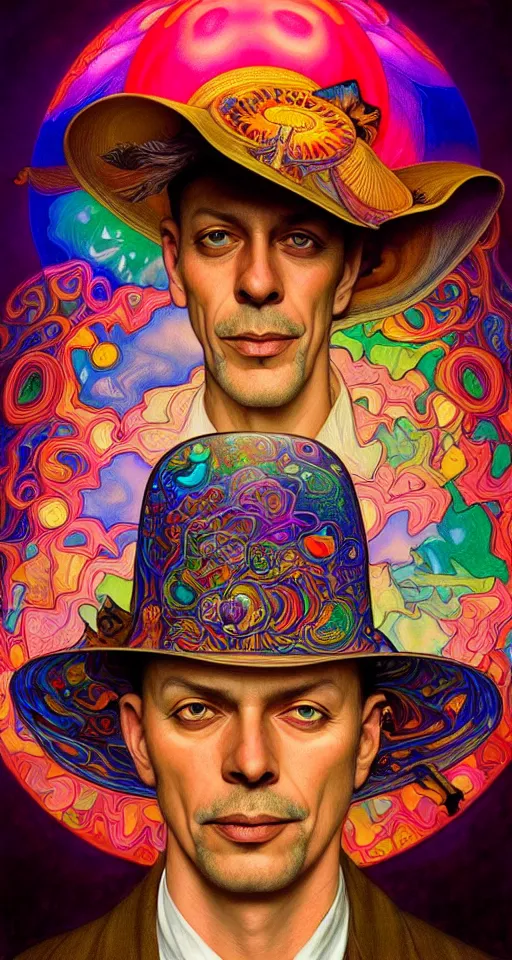 Image similar to An extremely psychedelic celestial smiling Larry Harvey white fedora hat, colorful, surreal, dramatic lighting, magic mushrooms, psilocybin, LSD, detailed, intricate, elegant, highly detailed, digital painting, artstation, concept art, smooth, sharp focus, illustration, art by Krenz Cushart and Artem Demura and alphonse mucha